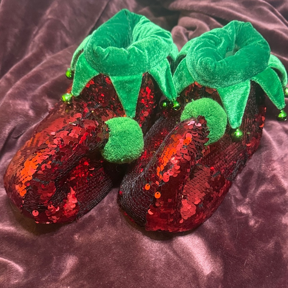 Sparkling Red Sequin Slippers with Green Accents